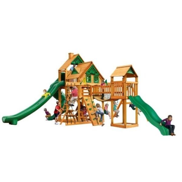 Gorilla Playsets Treasure Trove II Treehouse Wooden Swing Set with 3 Slides, Clatter Bridge and Tower, and Rock Climbing Wall